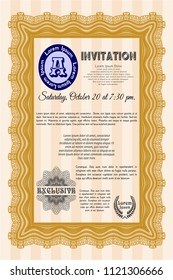 Orange Invitation template. Money style design. With great quality guilloche pattern. Vector illustration. 