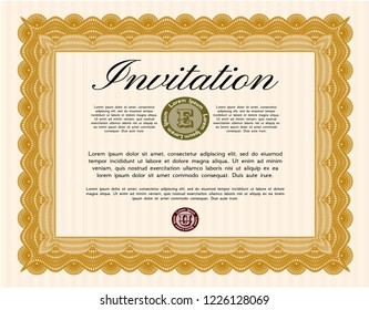 Orange Invitation template. Perfect design. Vector illustration. With guilloche pattern. 