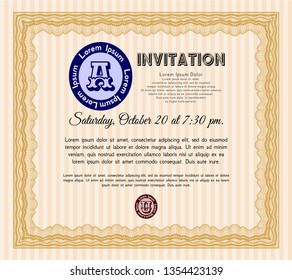 Orange Invitation template. Perfect design. Vector illustration. With guilloche pattern and background. 