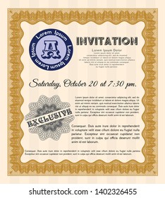 Orange Invitation template. Retro design. With great quality guilloche pattern. Customizable, Easy to edit and change colors. 