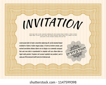 Orange Invitation template. Superior design. With guilloche pattern and background. Vector illustration. 