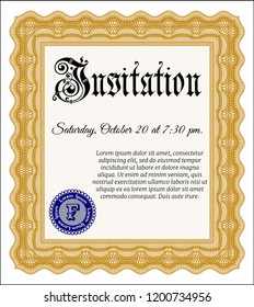 Orange Invitation template. Superior design. With great quality guilloche pattern. Vector illustration. 