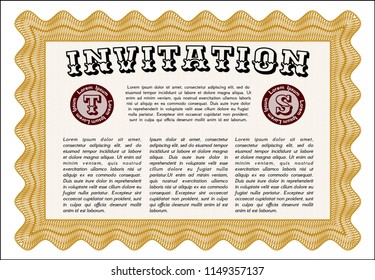 Orange Invitation template. Vector illustration. With great quality guilloche pattern. Perfect design. 