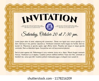 Orange Invitation template. Vector illustration. With guilloche pattern. Retro design. 