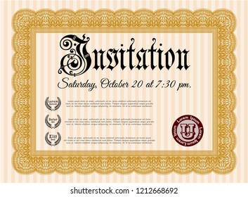 Orange Invitation template. Vector illustration. With guilloche pattern. Beauty design. 