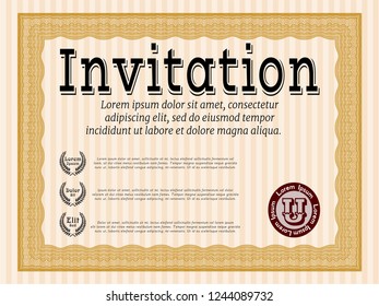 Orange Invitation template. Vector illustration. With background. Money style design. 
