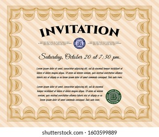 Orange Invitation template. Vector illustration. With complex linear background. Sophisticated design. 