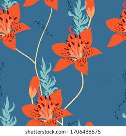 Orange irises flowers on a blue color background. Seamless vector floral pattern. Design for fabric and wallpaper.
