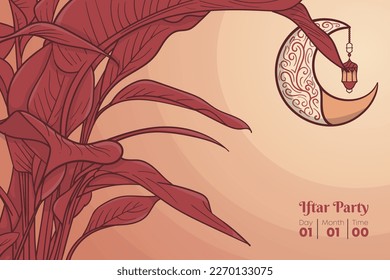 Fondo islámico naranja con hojas y luna creciente para el diseño ramadan kareem o eid mubarak