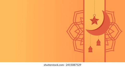 Orange Islamic background, with mandala, moon, stars and lantern ornaments. free copy space area. vector template for banner, greeting card for Islamic holidays, eid al-fitr, ramadan, eid al-adha