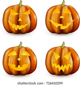 Orange isolated 3d halloween pumpkin face patterns on white. Vector illustration.