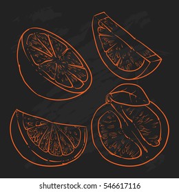 orange isolated on black background. Vector collection of fresh ripe oranges.