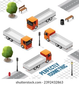 Orange Isometric Truck from the Front Back Right and Left Views isolated on White