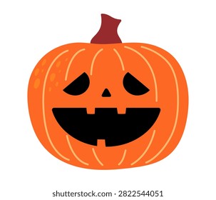 Orange jack-o-lantern with curved crescent eyes and toothy smile on white background. Flat vector illustration