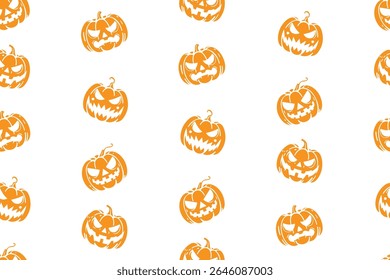 Orange jack-o'-lantern silhouettes on a clean white background create a minimalist seamless Halloween pattern. Ideal for bright and sleek designs.