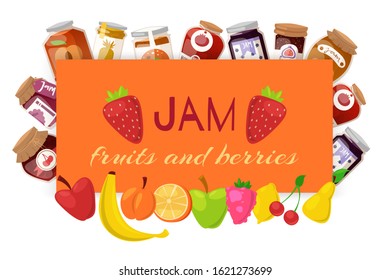 Orange jam with fresh fruits and berry Jam with rustic jars of jelly with paper cover, marmalade cartoon vector illustration. Berries and fresh fruits homemade orange jam poster for natural products