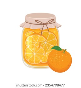 Orangenmarmelade in Glas und frische Früchte. Vektorflache Ikone organischer Süßigkeiten. Illustration von gesundem Essen.