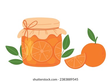 Orange jam in glass jar with slices orange isolated on white background. Homemade sweet food. Orange and jam in jar. Vector flat illustration.