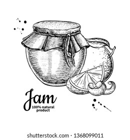 Orange jam glass jar vector drawing.  Fruit Jelly and marmalade.  Hand drawn food illustration. Sketch style vintage objects for label, icon, packaging design.