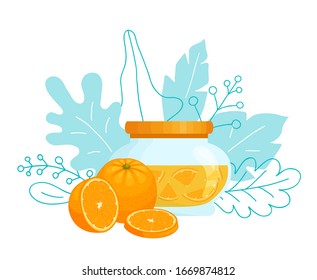 Orange jam in a jar. Composition with home preservation, leaves and fruit. Colorful vector illustration in cartoon style. Healthy seasonal dessert.