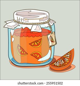 Orange jam jar icon. Hand drawn vector illustration. Doodle fruit background. Marmalade.