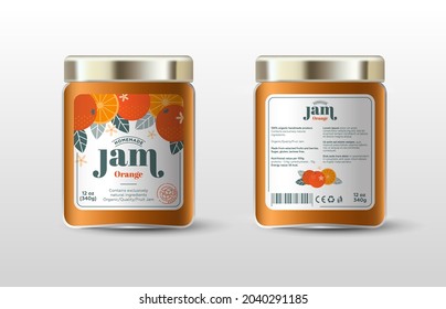 Orange jam. Label for jar and packaging. Whole and cut fruits, leaves and flowers, text, stamp(sugar free).