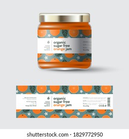 Orange Jam label and packaging. Jar with cap with label. White strip with text and on seamless pattern with fruits, flowers and leaves.