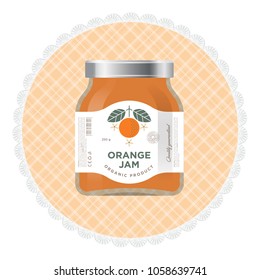 Orange jam label and packaging. Premium design. The flat original illustration and texts on the minimalist label on the jar.