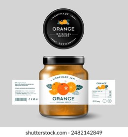 Orange Jam. Sweet food. Design of label with flat illustration and texts. Mock up of Glass Jar with Label.