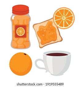 Orange jam, toast, coffee cup for breakfast. Vector flat cartoon illustration. White background, isolated.

