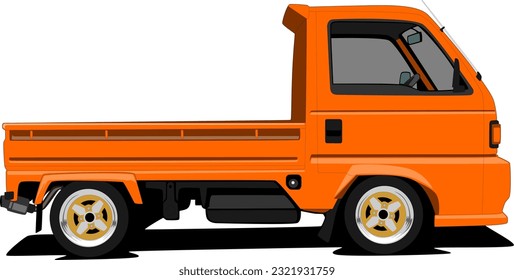 orange japanese keicar truck pickup 4wd car front side view wheels vector illustration