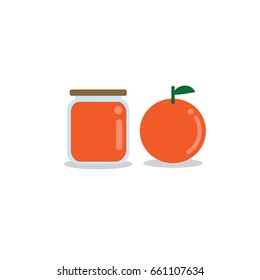 Orange and jar of orange jelly. Flat design vector illustration.