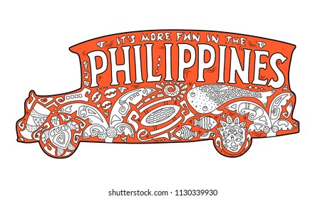 Orange jeepney with philippine ornament. Palm tree, whale shark, mask, turtle, halo-halo. Vector coloring page. Philippines postcard. Polynesian style motif. It's more fun in the Philippines lettering