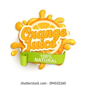 Orange juece label splash. Blot and lettering with ribbon on white background. Splash  design, shape creative vector illustration.