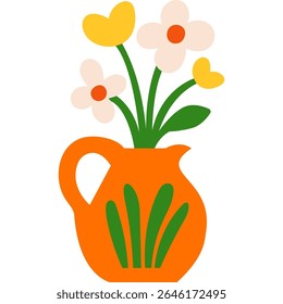 Jarro laranja com flores brancas e amarelas. Buquê floral decorativo em estilo de desenho animado plano. Isolado. Ilustração de vetor de estoque em estilo de desenho animado plano.
