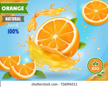 Orange juice ad. Realistic fruits in juicy splash package design