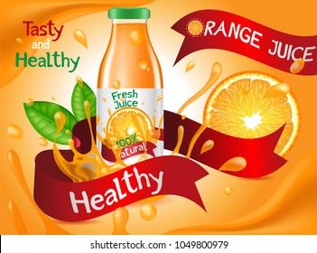 Orange Juice Ads Poster, Glass Beverage Bottle Filled with Natural Fresh Juice and Splashing, Package Design Advertising Template, Promotion Banner, Mockup for Your Brand, Hand Drawn, 3D Illustration