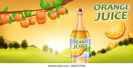 Orangensaftwerbung, Verpackung von Vektorillustrationen. Realistische Illustration