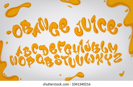 Orange juice alphabet set with border, splashes and drops on transparent background.