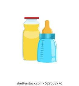 Orange Juice And Baby Bottle Supplemental Baby Food Products. Feeding Of Small Child Cartoon Illustration