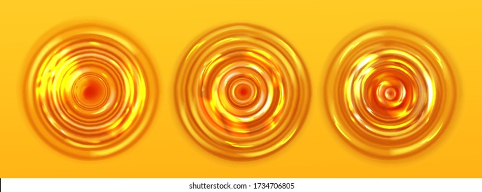 Orange juice or beer ripple top view. Round wavy texture on yellow background, puddle, circular liquid flow. Design elements for beverages or shampoo advertisement, Realistic 3d vector illustration