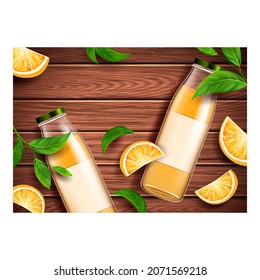 Orange Juice Beverage Creative Promo Banner Vector. Dieting Healthcare Orange Juice Blank Bottles, Ripe Citrus And Nature Leaves On Wooden Desk Advertise Poster. Style Concept Layout Illustration