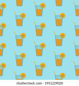 Orange juice in blue glass with striped straw and slice of orange, seamless pattern on blue background