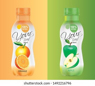 Orange juice bottle and apple juice bottle.