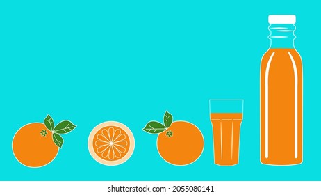 Orange juice bottle and orange fruit  horizontal vector  illustration with space for text