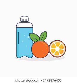 Orange juice bottle and orange fruit icon in flat style. Vector illustration. 