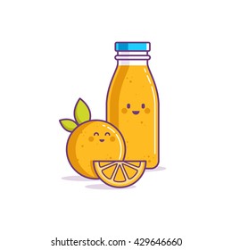 Orange juice in bottle. Ftuit orange. Orange slice. Vector illustration. Character design