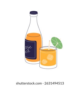 Orange juice in bottle and glass. Cold citrus fruit drink with ice cubes, straw and umbrella decoration. Sweet summer beverage, refreshment. Flat vector illustration isolated on white background