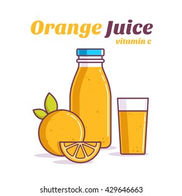 Orange juice in bottle and in glass. Ftuit orange. Orange slice. Vector illustration. 