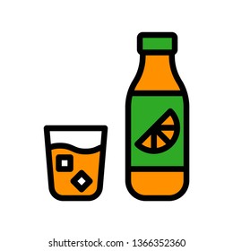 Orange juice bottle and glass vector, Beverage filled style icon editable stroke